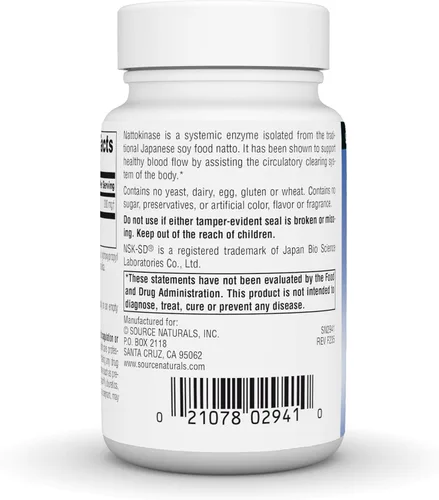 Miniatura 3 de Source Naturals NSK-SD, Nattoquinasa, Apto para vegetarianos, Enzima sistémica de todo el cuerpo para una circulación saludable*, 200 mg - 60