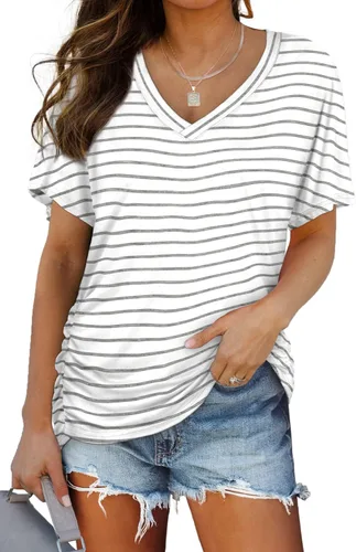 Miniatura 24 de WIHOLL - Camisetas de manga corta con cuello en V para mujer, holgadas, con fruncido lateral