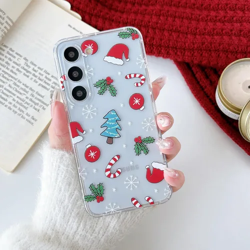 RALEAVO Funda de Navidad transparente para Samsung Galaxy S22 Plus, bonita funda de vacaciones de invierno para mujeres, niñas y niños con sombreros