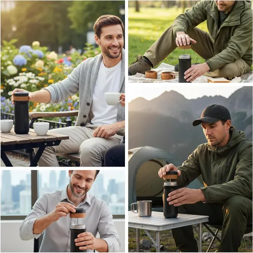 Miniatura 8 de Cafetera portátil de prensa francesa, cafetera francesa de viaje, taza de café de acero inoxidable de 12 onzas, filtro de doble malla, ideal
