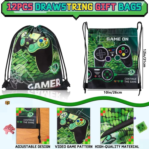 Miniatura 2 de Winrayk 12 juegos de regalos de fiesta de videojuegos, suministros de cumpleaños para jugadores, bolsa con cordón para juegos, pulsera de silicona