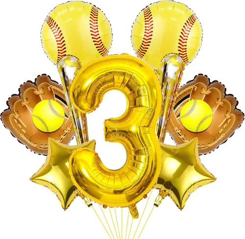 Miniatura 10 de 9 globos de sóftbol – Globos de papel de aluminio Mylar con número de cumpleaños de sóftbol – Suministros y decoraciones para fiestas (8vo)