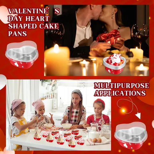 Miniatura 6 de Domensi Juego de 100 moldes de papel de aluminio en forma de corazón, mini tazas para cupcakes con tapas, molde para flan, desechables, para el día