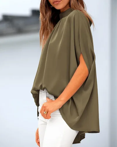 Miniatura 75 de BTFBM Blusas de verano para mujer, cuello alto falso, manga murciélago, holgadas, dobladillo alto y bajo, blusas informales de gran