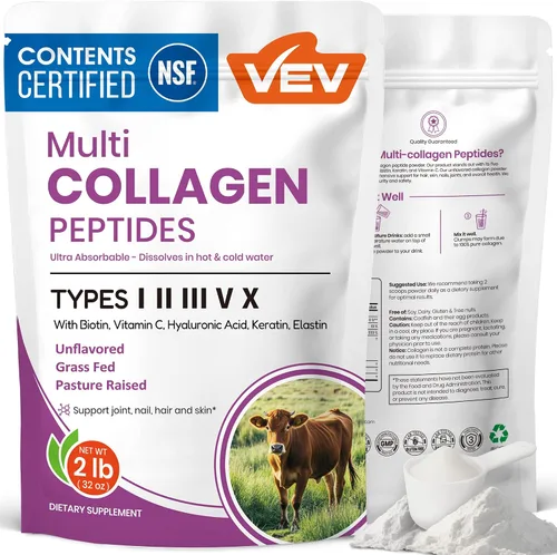 VEV Polvo de péptidos de colágeno múltiple con tipos I, II, III, V, X, 32 onzas (82 porciones) – Soporte para la piel, las articulaciones y el