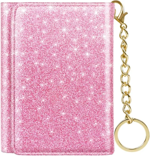 Miniatura 10 de Billetera triple para mujer, pequeña, delgada, con bloqueo RFID, bonito tarjetero de cuero con bolsillo largo para efectivo y llavero, Azul Flores