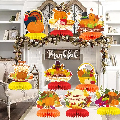 Miniatura 6 de Centro de mesa de Acción de Gracias, 9 piezas, decoración de mesa de otoño, calabaza, pavo, panal, Acción de Gracias, centro de mesa para decoración