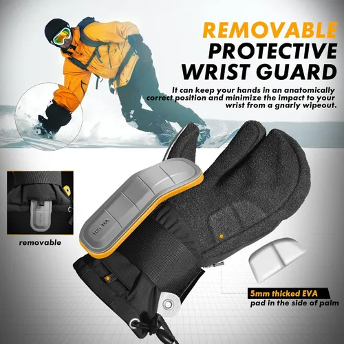 Miniatura 5 de MCTi Guantes de snowboard con protector de muñeca, guantes de Kevlar de 3 dedos, impermeables, para esquí de nieve en invierno
