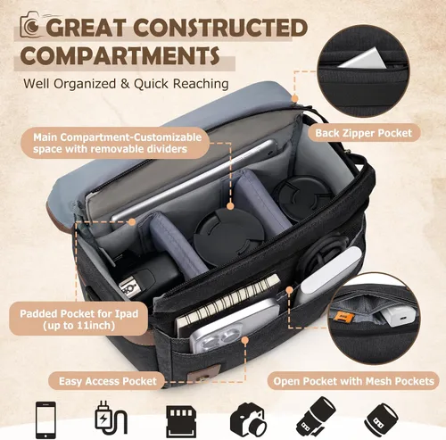 Miniatura 3 de RAINSMORE - Bolsa de cámara de lona, estuche para cámara DSLR/SLR/sin espejo, bolsas de hombro compactas para fotógrafos con funda para la lluvia