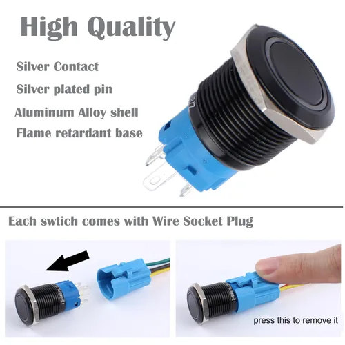 Miniatura 4 de 2 interruptores de botón de bloqueo de 0.748 in de 12 V-24 V, anillo de CC LED 1NO 1NC impermeable botón de metal negro encendido apagado