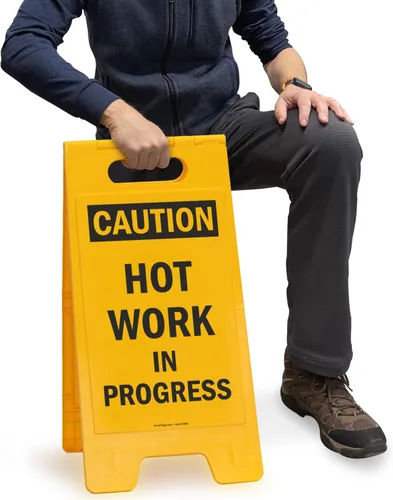 Miniatura 4 de SmartSign Letrero plegable de plástico con texto en inglés "Caution - Hot Work In Progress" de 25 x 12 pulgadas, color negro y amarillo Hot Work in