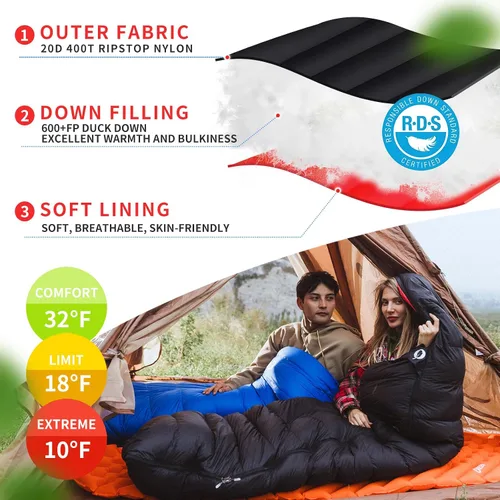Miniatura 3 de Saco de dormir de plumón para adultos, 600 de potencia de relleno, ultraligero y compacto con saco de compresión para mochileros, camping, senderismo