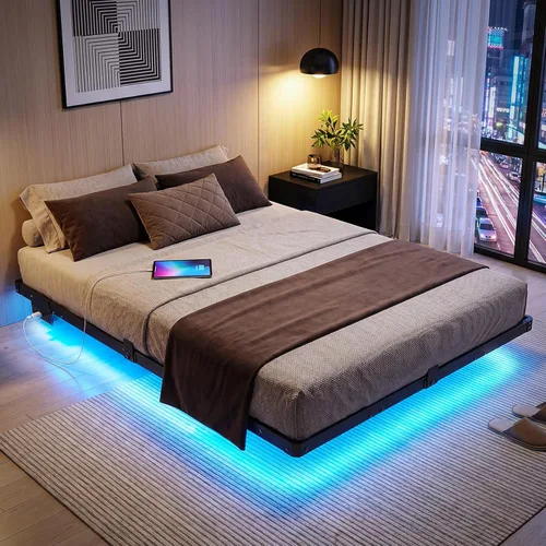 Miniatura 8 de Liians Marco de cama flotante moderno de tamaño completo con luces LED inteligentes, estación de carga USB, plataforma de metal resistente,
