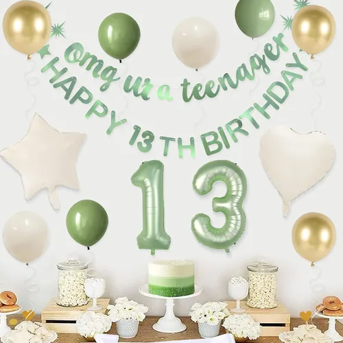Miniatura 5 de Guirnalda de globos de aluminio con texto en inglés «Omg Ur A Teenager, Happy 13th Birthday» de color verde salvia, decoración oficial de 13