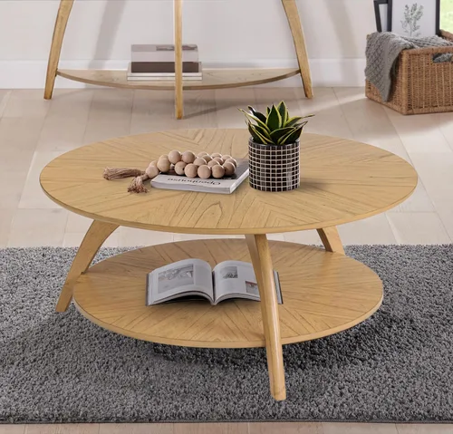 Martin Svensson Home LAX - Mesa de centro redonda de madera moderna de mediados de siglo con estante inferior, mesa de cóctel para sala de estar o