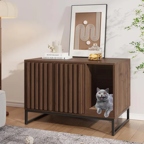 Miniatura 17 de Halitaa Caja de Arena para Gatos, Mueble Moderno de Caja de Arena para Gatos Caja de Arena Oculta con Almohadilla para Rascar, Mesa Auxiliar Casa
