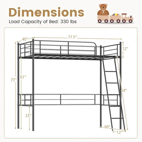 Miniatura 2 de KOMFOTT Cama tipo loft de metal tamaño individual, base de cama alta con escalera, barandilla de seguridad, litera loft que ahorra espacio