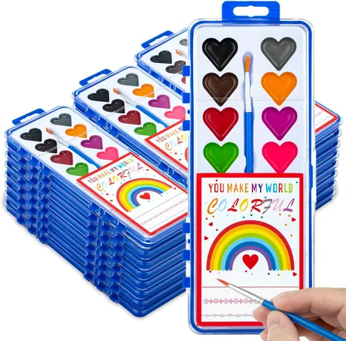 Regalos para el día de San Valentín para niños, paquete de 24 pinturas de acuarela con pincel para niños, regalos de intercambio de premios, regalos