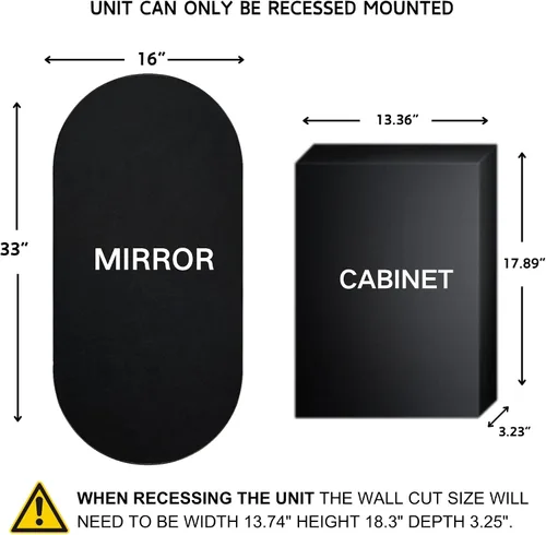 Miniatura 2 de Botiquín de baño empotrado ovalado negro mate con espejo de acero inoxidable con marco de metal oblongo, gabinete de baño con espejo de 16 x 33