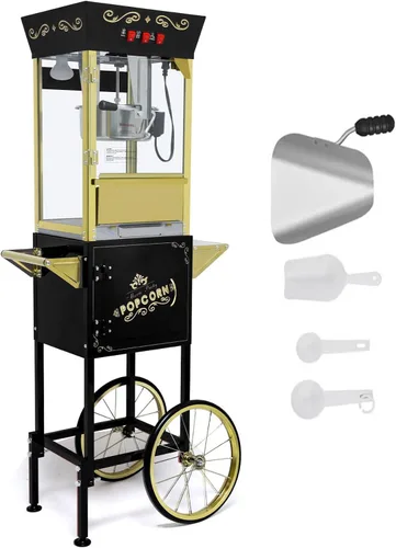 Máquina comercial de palomitas de maíz de 12 onzas con carrito, estilo vintage de teatro con hervidor de agua y ruedas de acero inoxidable para