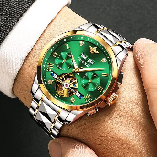Miniatura 8 de OUPINKE Relojes automáticos para hombre, con esqueleto de diamante, cuerda automática, reloj de pulsera de lujo, cristal de zafiro, acero