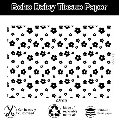 Miniatura 2 de Whaline 100 hojas de papel de seda bohemio con margaritas color negro y blanco, papel de regalo floral para manualidades, manualidades, flores