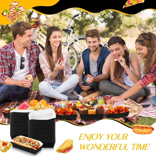 Miniatura 6 de Yeaqee 100 bandejas de papel de 7 pulgadas desechables para perros calientes, alimentos, nachos, botes para perros calientes, platos de comida Negro