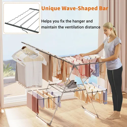Miniatura 8 de Estante de Secado de Ropa Bigzzia Plegable, Estante de Secado de Ropa de 2 Niveles Grande para Lavandería Plegable, Estante de Secado de Acero Gris