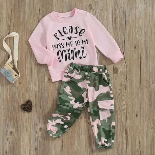 Miniatura 76 de Mandizy Conjunto de ropa de otoño para bebé niña pequeña, sudadera de manga larga con estampado de letras bendecidas, pantalones de camuflaje