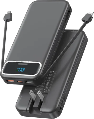Miniatura 9 de Cargador portátil, 20000 mAh 22.5 W, cargador de batería de carga rápida con cables integrados y enchufe de pared, batería externa esencial de viaje