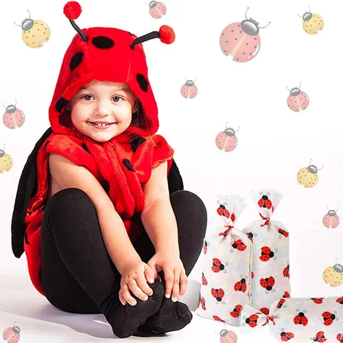 Miniatura 7 de Lecpeting 100 bolsas de golosinas de mariquita y celofán, bolsas de dulces de mariquita con lazos giratorios para suministros de fiesta