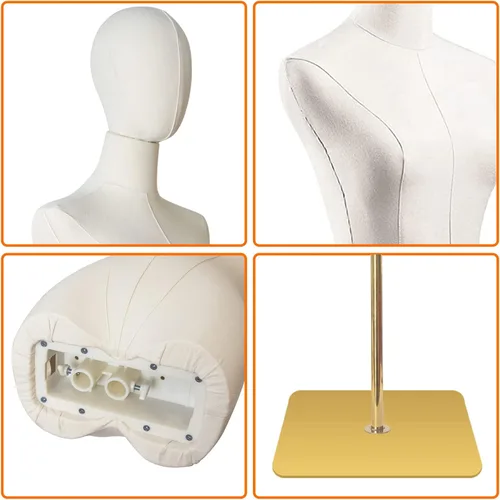 Miniatura 2 de Maniquí femenino con forma de torso para costura, cuerpo de maniquí dorado con soporte metálico, cabeza desmontable para exhibición de ropa