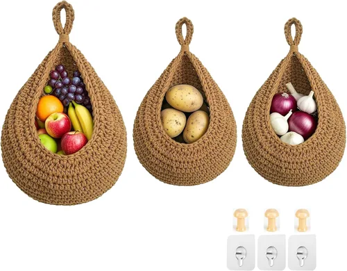 Cestas colgantes de frutas para cocina, paquete de 3 cestas bohemias de cuerda de algodón tejida a mano para almacenamiento de verduras montadas en
