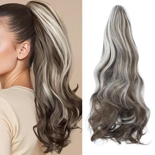 Miniatura 25 de Felendy Extensión de cola de caballo de 18 pulgadas, mezcla de rubio ceniza, marrón oscuro, rizado, ondulado, con clip, extensiones de cabello largo