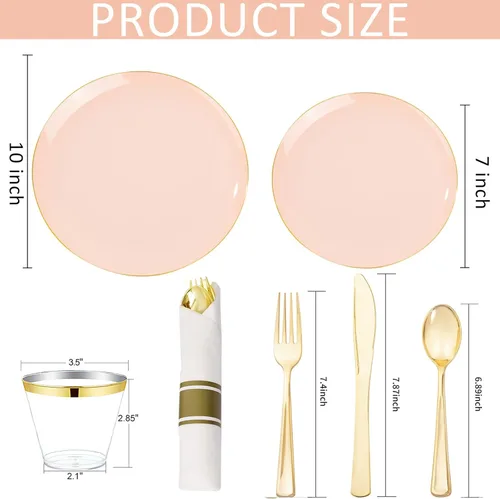 Miniatura 7 de KIRE 175 platos rosados desechables – Juego de vajilla de plástico rosa y dorado resistente, 25 para cena, 25 para postre, 25 servilletas