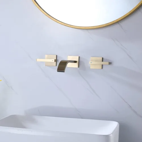 Miniatura 3 de RBROHANT RB0997 - Grifo de baño de latón cepillado para montaje en pared, 2 asas, montaje en pared, válvula empotrada incluida, RB0997 Oro cepillado