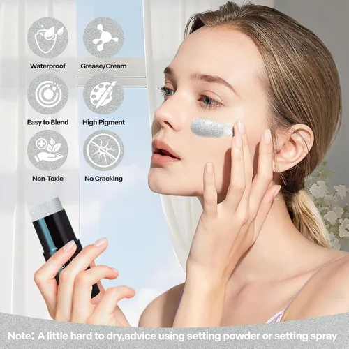 Miniatura 2 de Go Ho Pintura facial plateada mezclable en crema (1.06 onzas), pintura facial corporal plateada metálica impermeable en barra para disfraces de Palo