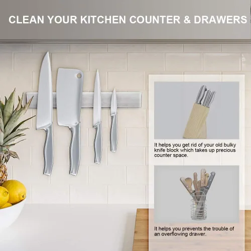 Miniatura 4 de Ninonly Tira magnética para cuchillos de 12 pulgadas, barra de cuchillos de cocina de acero inoxidable premium montada en pared, ahorro de espacio