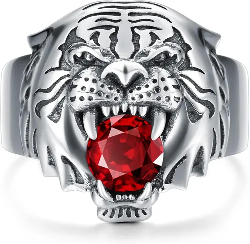 Anillo de cabeza de tigre para hombre, de plata de ley, rubí, vintage, gótico, motociclista, rugiente, cabeza de león, anillos de animales, joyería