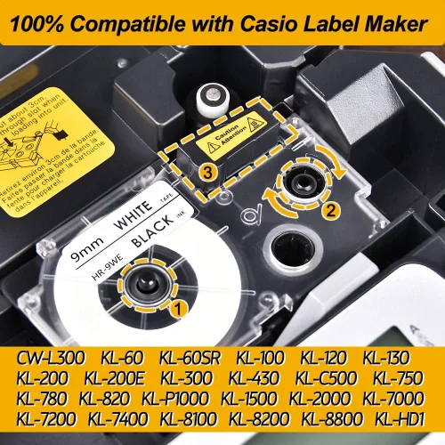 Miniatura 6 de Hehua Paquete de 4 cintas de etiquetas de repuesto compatibles para Casio XR-9WE XR9WE XR-9WE2S Cinta de etiquetado de 0.354 in 3/8 negro sobre
