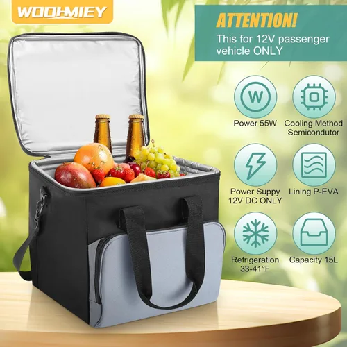 Miniatura 2 de Bolsa térmica eléctrica portátil de 15 L, bolsa de forro impermeable para automóvil, enfriador de viaje termoeléctrico de lado suave con correa