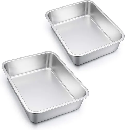 E-far Juego de 2 moldes de lasaña de acero inoxidable profundo, 12.75 x 10 x 3.2 pulgadas, rectangular, de metal, para horno, no tóxico y
