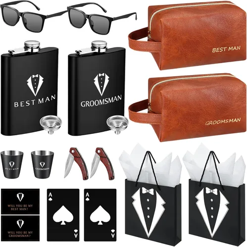 Miniatura 14 de 20 piezas de regalos para padrinos de novio, caja de propuesta con matracas, gafas de sol, bolsa de aseo de cuero PU, abridor de botellas