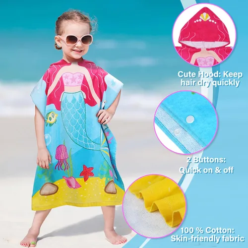 Miniatura 3 de Tirrinia Toalla de poncho de sirena para niños, toallas con capucha para niñas de 2 a 7 años, regalo de 24 x 52 pulgadas, 100% algodón