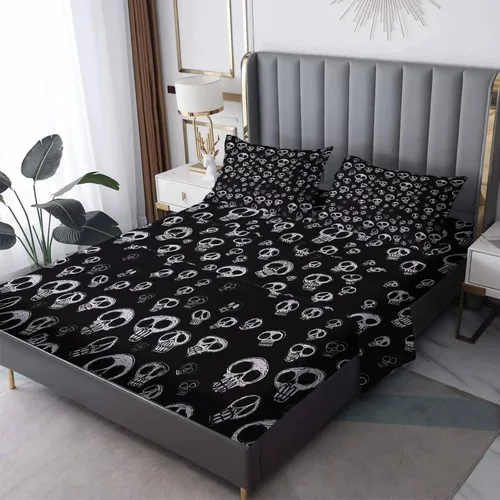 NOGAWA Juego de sábanas góticas tamaño individual XL, sábanas de esqueleto, sábanas y fundas de almohada estampadas de 3 piezas, sábana bajera