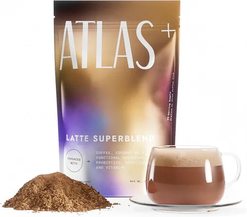 Atlas+ - Supermezcla de café con leche y hongos – Café premium con colágeno, probióticos, D3 y B12, melena de león, Reishi, Cordyceps, Coco, para