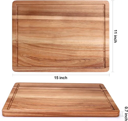 Miniatura 7 de Tabla de cortar de madera de acacia para cocina, tabla de cortar de madera con mango lateral y ranura para jugo, tabla de tallar de 15 x 11