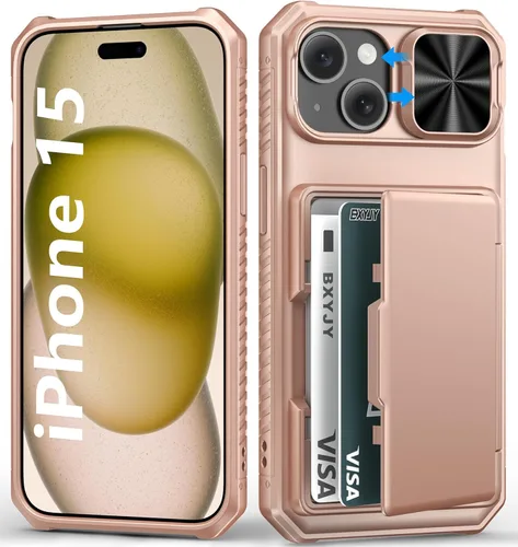 Miniatura 25 de BXYJY Funda tipo cartera para iPhone 15 Pro con tarjetero (4-5 tarjetas) y cubierta deslizante para cámara y soporte, protección contra caídas