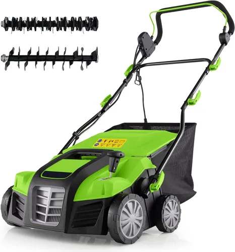 Miniatura 12 de Goplus Desbrozador y escarificador de césped 2 en 1, desbrozadora ajustable de 3 niveles de profundidad con bolsa de recolección de 11 galones y 2
