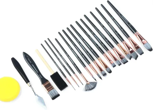Miniatura 6 de Transon Kit de 20 pinceles de pintura artística con estuche de almacenamiento, 16 pinceles + espátula de esponja para aceite acrílico, acuarela